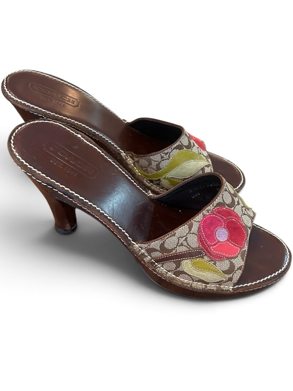 Coach Vintage Poppy of Peace Brown Canvas Floral Appliqué Mule Heels 8.5